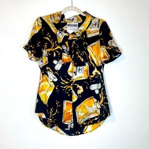 MOSCHINO 2016 Spilled Perfume Bottle Print Silk Blouse, Size 40 EUR / US 6
